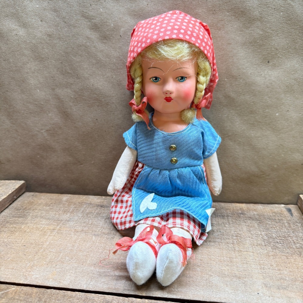 Vintage Western Germany Paper Mache Face Cloth Doll Gingham Dress 11 Inch